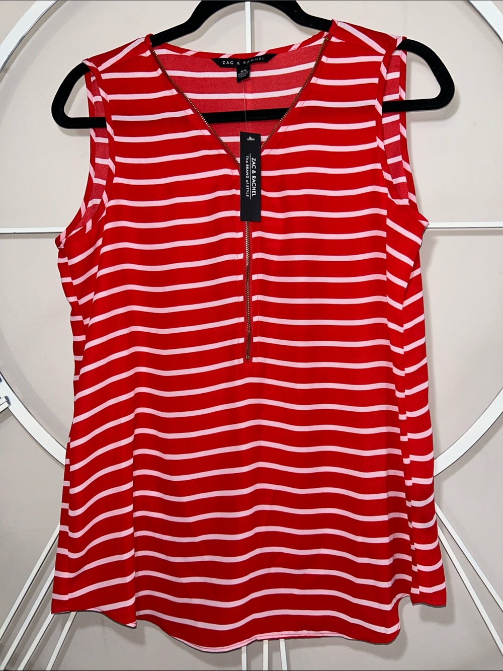 NWT Zac & Rachel Red and White Striped Sleeveless Zip-Up V-Neck Tank